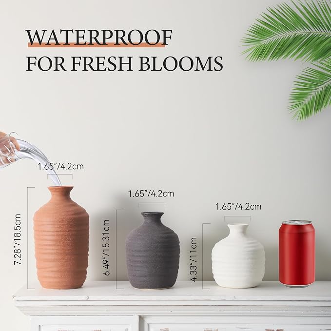 Dobbyby Ceramic Vase Set of 3 Decorative Vase for Home Decor Modern Farmhouse Decor Pottery Neutral Vases for Living Room Bathroom Table Mantel Fireplace Entryway Shelf (02-Brown)