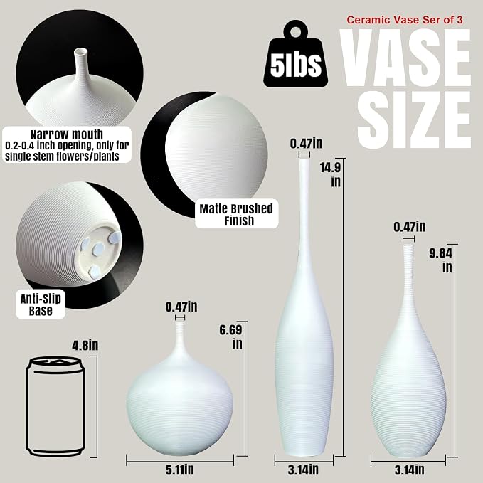 White Ceramic Vase Set of 3, Modern Boho Vases for Centerpiece Decor, Matte Minimalist Decorative White Vases Home Decor, for Living Room, Bookshelf, and Entryway Table Decor