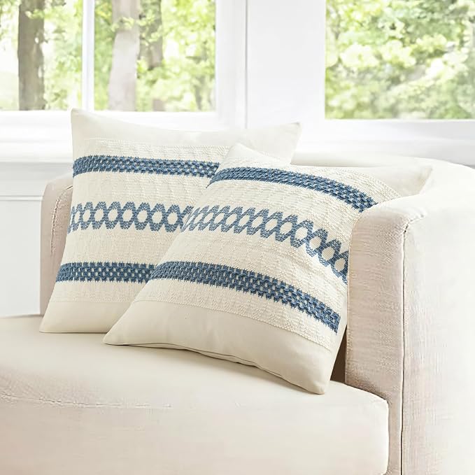 MIULEE Set of 2 Coastal Blue Boho Decorative Pillow Covers 18x18 Inch | Farmhouse Couch Throw Pillows, Modern Cotton Cushion Covers, Macrame Woven Spring Decor for Bed Sofa Chair