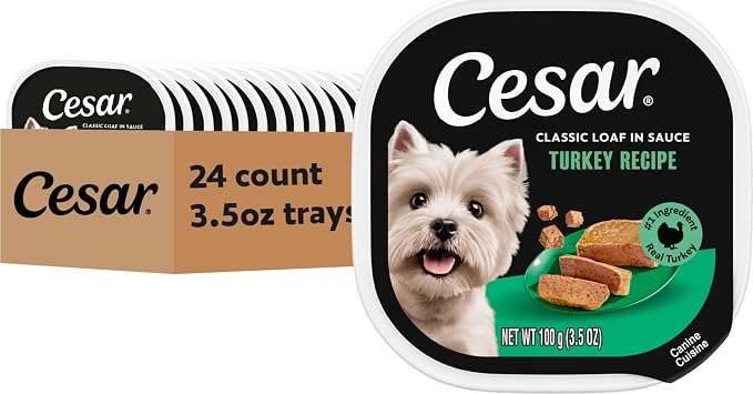 Cesar Classic Loaf in Sauce Wet Dog Food, Turkey Recipe, 3.5 oz, 24 Count | Made in USA, Real turkey #1 ingredient, no fillers, no added sugar, no artificial flavors, slow-cooked, easy peel trays