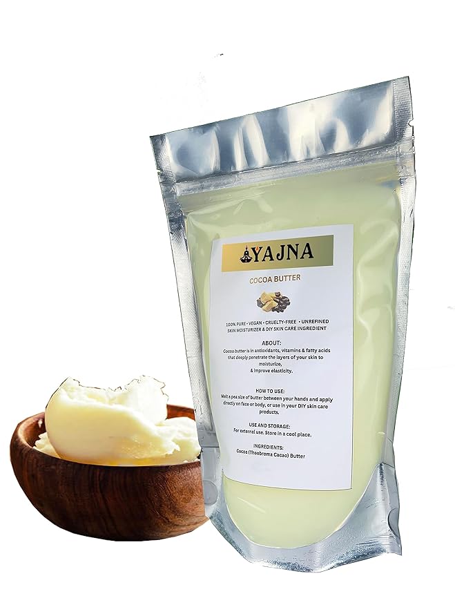Yajna Organic Raw Cocoa Butter 100% Pure,Natural & Unrefined| Skin Moisturizer For Face, Body & Hair| 1 LBS/450 GM Ivory/White Grade A | DIY Creams, Balms, Lotions, Soaps| Softens Dry & Tough Skin