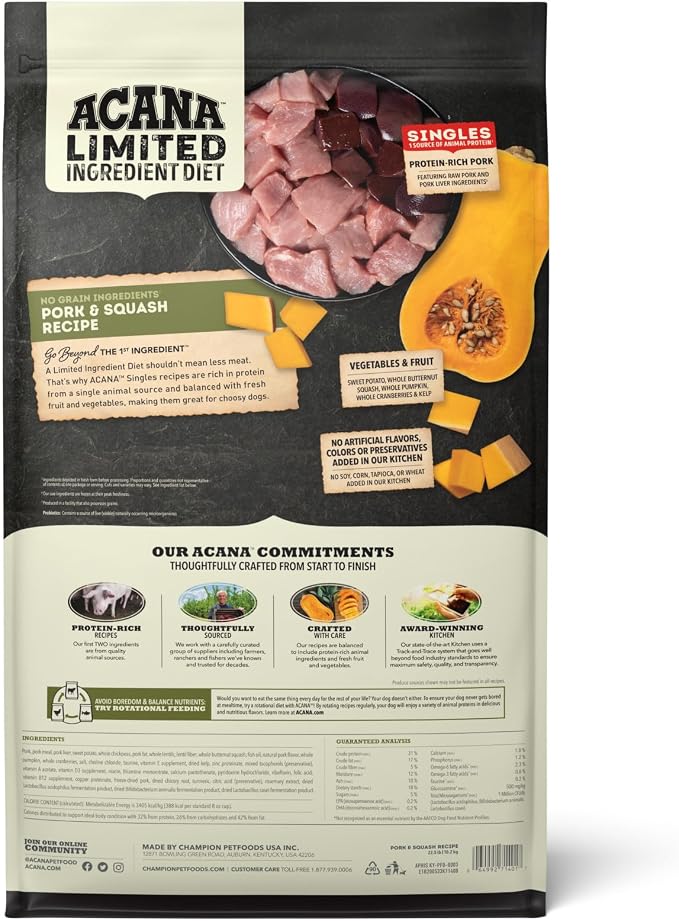 ACANA Singles Limited Ingredient Dry Dog Food Pork & Squash 22.5lb Bag | Sensitive Stomach, Grain Free, High Protein, Made in USA, Includes Probiotics, Limited Ingredient, Global Quality Ingredients