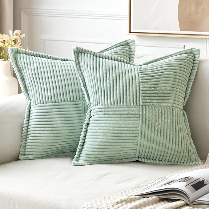 MIULEE Decorative Throw Pillow Covers for Couch 18x18 Inch Mint Green | 2 Pack, Boho Broadside Striped Patchwork Pillow Covers, Soft Corduroy Cushion Cases, For Sofa Bed Livingroom Home Decor