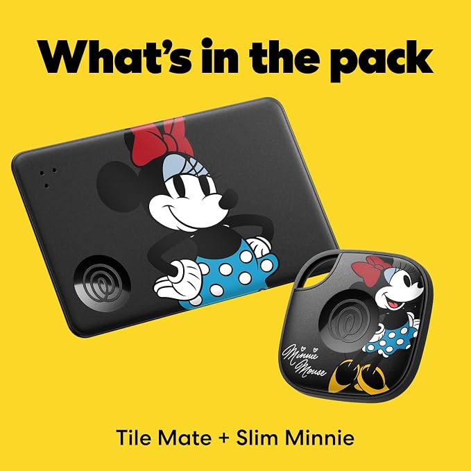 Life360 Tile Starter Pack - Minnie Mouse - Bluetooth Trackers and Item Finders for Keys, Wallets & More. Both iOS and Android Compatible. Phone Finder. 2-Pack (Black Mate/Slim)