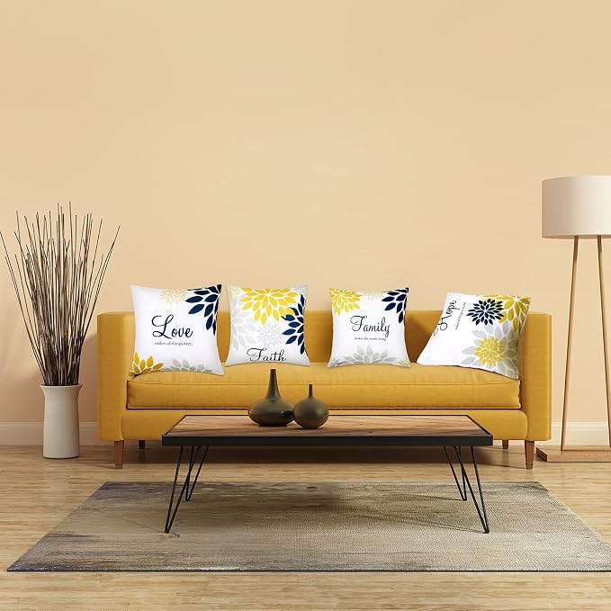 Tatuo 4 Pcs Flower Pillow Covers Square Summer Pillow Cushion Cases 18 x 18 Inch Family Faith Hope Love Words Decorative Spring Winter Cushion Case for Bed Couch Sofa Living Room(Yellow Series)