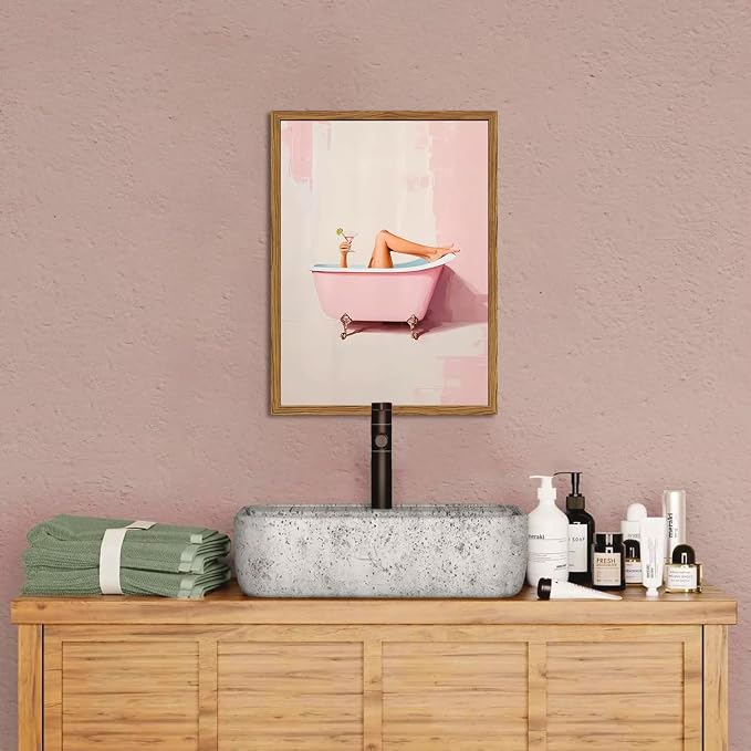 Funny Pink Girl Bathroom Wall Art, Cute Girly Bathtub Wall Decor Painting Trendy Pastel Woman and Martini Bathroom Poster Canvas Print Artwork 16x24 inch Framed