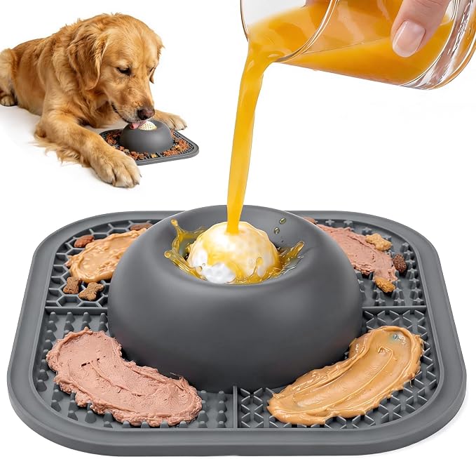 Slow Feeder Dog Bowls & Lick Mat for Liquid and Thick Treat, Anti-Slip Dog Lick Bowl with Interactive Rolling Ball, 5/6 Cup Pup Licking Toy for Large Medium Small Dogs and Cats Gray