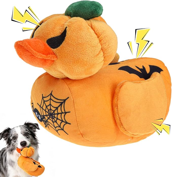 EXPAWLORER Halloween Squeaky Dog Toy - Funny Pumpkin Duck Plush Puppy Chew Toy with Crinkle Paper & Squeaker, Durable Interactive Stuffed Duck for Small Medium Large Dogs, Gift for Teething Holiday