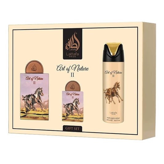Lattafa Pride Art Of Nature II For Unisex 3 Piece Gift Set (3.4 Fl Oz EDP + 0.65 Fl Oz EDP + 6.67 Fl Oz Deo)