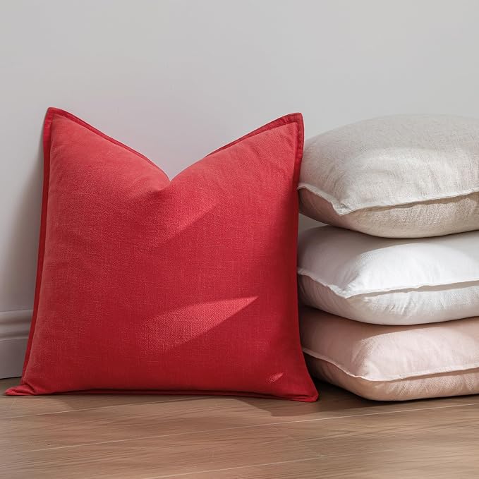 EMEMA Euro Sham Decorative Linen Throw Pillow Covers 22x22 Inch Red | Boho Farmhouse Neutral Couch Throw Pillows for Bed Pack of 2 Accent Pillowcase Modern Sofa Cushion Livingroom Home Decor