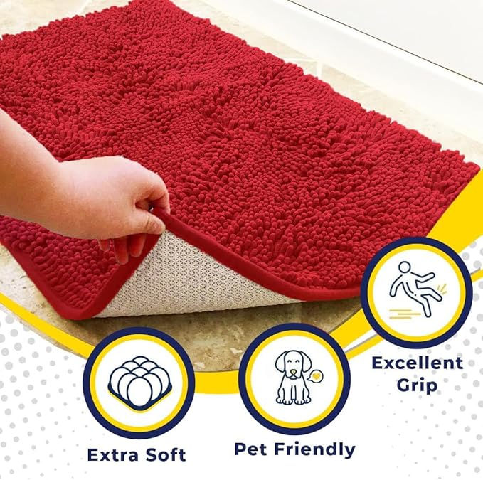 Muddy Mat® | Super Water Absorbent Door Mat Indoor, Microfiber Quick Dry Chenille Entryway Rug, Slip Resistant Front Door Mat, Indoor Mats for Entryway, Machine Washable Pet Rug, Red 3ft x 3ft