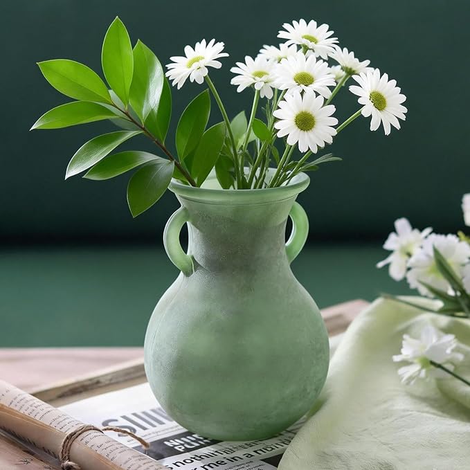 Green Glass Vase with Handles, 7.5 Inch Rustic pottery Style Flower Vase, Vintage Decorative Round Bud Jar for Dried Flowers, Earthy Aesthetic Centerpiece for Modern Farmhouse & Boho Spring Home Decor