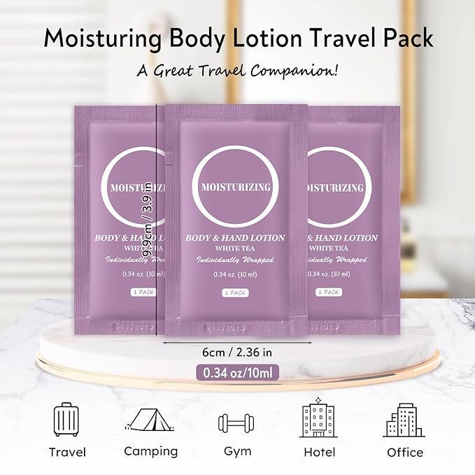 Travel Body Lotion, Individually Wrapped Hand Cream Lotion Bulk, Nourishing Extra Dry Skin Mini Small Packet Size Shower Moisturizer Lotion Toiletries for Travel, Hotel Homeless 0.34 oz (Pack of 100)