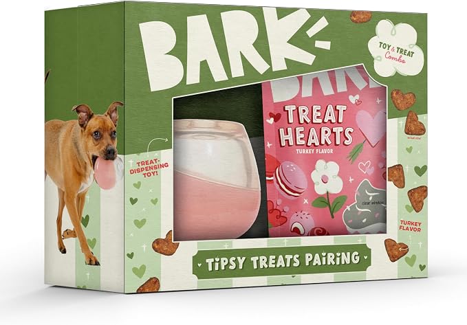 Barkbox Tipsy Treat Gift Pack – Valentine’s Day Plush Treat-Dispensing Dog Toy & Chicken Jerky Heart Treats – Fun Gift Box for Medium to Large Dogs