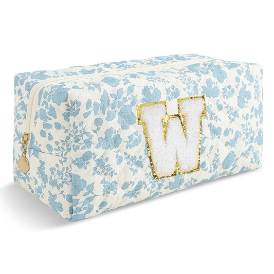 Personalized Quilted Cosmetic Bag, Puffy Monogrammed Christmas Birthday Gifts for Women & Girls, Cute initial Floral Makeup Bag Puffer Coquette Bag, Aesthetic Travel Toiletry Zipper Pouch(Blue,W)