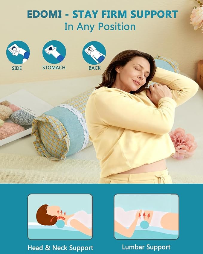 Buckwheat Cylinder Neck Pillow,15.7"x4.7" Adjustable Hull Filling for Cervical Support, Checkered Pattern Ergonomic Roll Pillow for Back/Side Sleepers, Removable Washable Cover,Blue