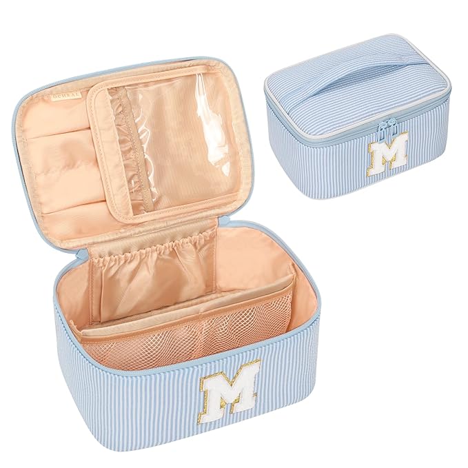 OCHEAL Makeup Bag Valentines Day Gifts for Women, Monogram Cosmetic Bag Blue Travel Makeup Case Beauty Toiletry Bag Organizer Personalized Gifts for Girls Bridesmaid, Sister, Wife, Friends Initial M