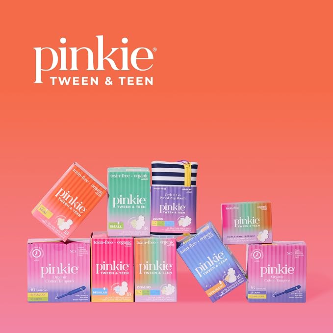 Pinkie First Period Prep Pouch w/ 4 Organic Cotton Pads for Teens & Tweens | First Period Travel Pouch with Mini, Small & Regular Ultra Thin Pads with Wings for Tweens & Teens; Fragrance & Chlorine Free