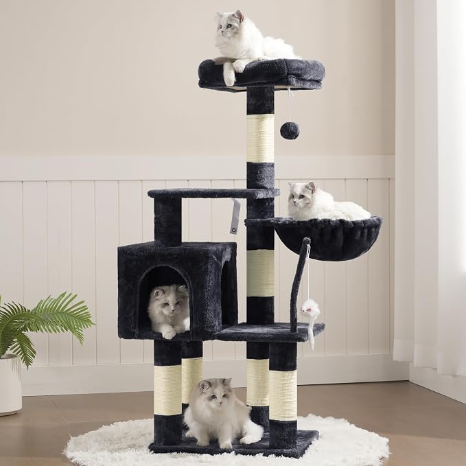 Heybly Cat Tree with Toy, 43.3 inch Cat Tower for Indoor Cats HCT004SG | Cat Condo with Durable Sisal Scratching Posts, Cat House with Padded Plush Perch, Cozy Hammock, Smoky Gray