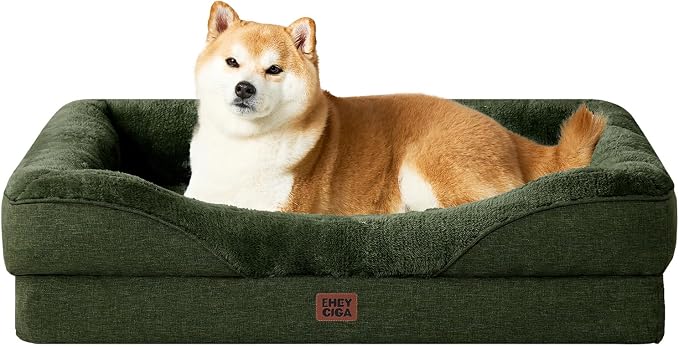 EHEYCIGA Orthopedic Dog Bed for Large Dog, Memory Foam Dog Couch,Dark Green | 36x27 Inch Large Sized Dog Sofa with Sides, Waterproof Liner & Washable Removable Cover, Bolster Pet Couch