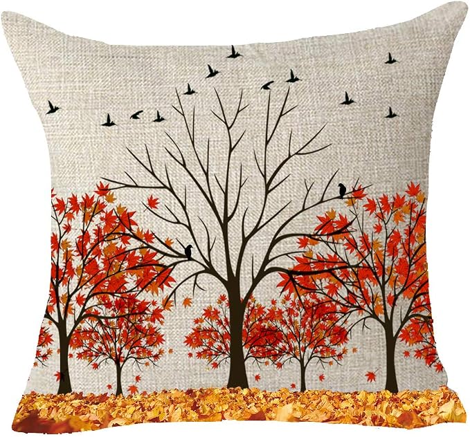 Happy Fall Y'all Golden Autumn Red Maple Leaves Family Home Gift Cotton Linen Decorative Throw Pillow Cover Cushion Case 18x18 inches
