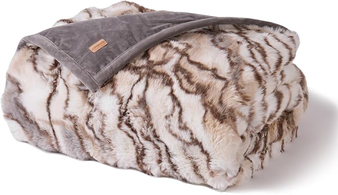 Faux Rabbit Fur Bubble Throw Blanket, 50"x60", Beige & Gray | Ultra Soft, Luxury Faux Rabbit Fur Throw, Thick Warm Bubble Blanket, Cozy Fluffy Reversible, for Bed, Couch, Chair, Sofa