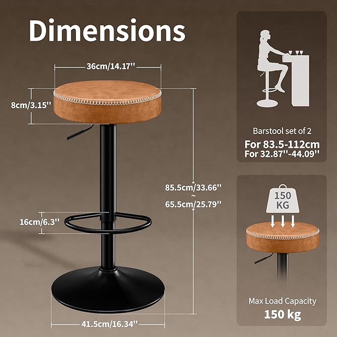 Tall Bar Stools Set of 2 Modern Microfiber Leather Bar Height Stools with Round Seat 360° Swivel Backless Counter Stools Adjustable Barstools for Kitchen Island Pub Brown(24-33 Inch,330lbs)