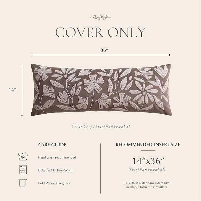 Long Lumbar Pillow Cover 14x36 for Bed, Taupe Brown Floral Tufted Velvet Accent Oversize Throw Pillowcase for Bedroom, Cover Only