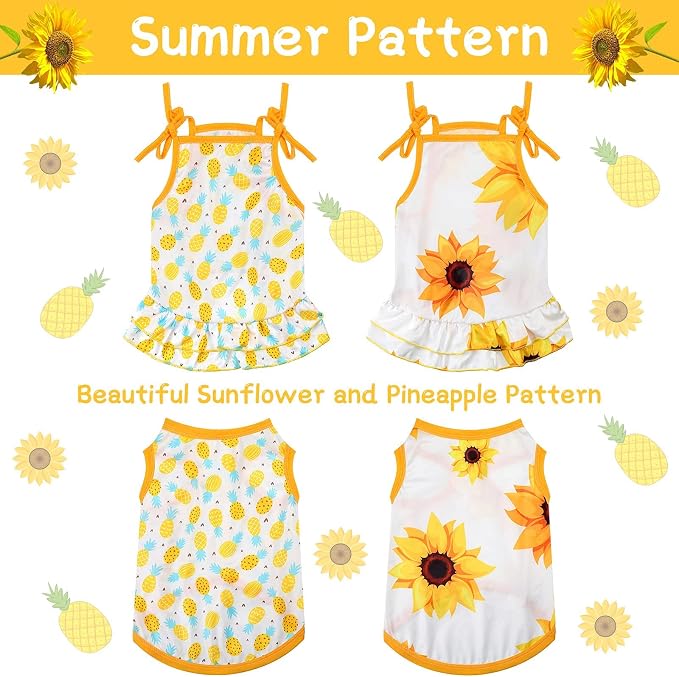 Frienda 4 Pieces Dog Clothes Set Include 2 Pcs Cute Pet Dress Lovely Dog Dress and 2 Pcs Breathable Pet T Shirt Puppy Clothes(Pineapple, Sunflower,X-Large)