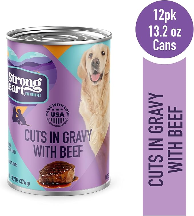 A Strong Heart Cuts in Gravy, Real Beef, 13.2oz Cans, Pack of 12 | Complete & balanced all life stages, real beef, Made in USA, easy-open pull-tab cans