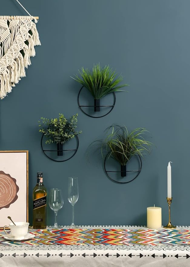 Pretty Jolly Boho Eucalyptus Wall Decor Black Metal Wall-Mounted Art | Morden Artificial Greenery Display，2 Pack Eucalyptus Hanging Planter For Living Room, Bedroom, Bathroom, Dining room