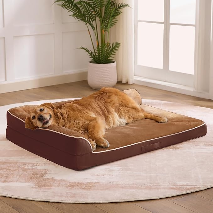 XL Orthopedic Dog Bed for Large Sized Dogs, 42"x30"x7.5", Brown | Waterproof, Washable Cover, L-Shaped Pet Couch, Egg-Crate Foam for Pressure Relief, Portable Handle