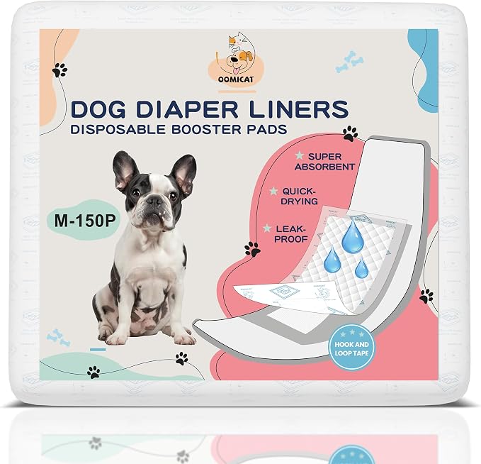 Dog Diapers Liners, 150 Ct, Super Absorbent Doggie Diaper Inserts for Male Dog Wraps and Female Dog Diapers, Hook-and-Loop Tape Design, Super-fit & No Shifting, Medium Dog Diaper Pads