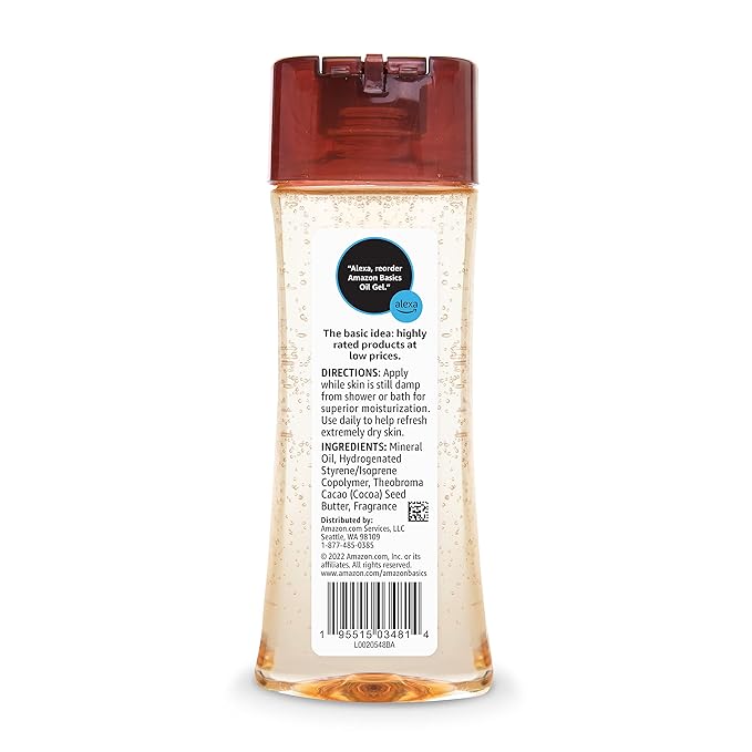 Amazon Basics Body Oil Gel with Cocoa Butter for Very Dry Skin, 6.8 Fl Oz, 4-Pack (Previously Solimo)
