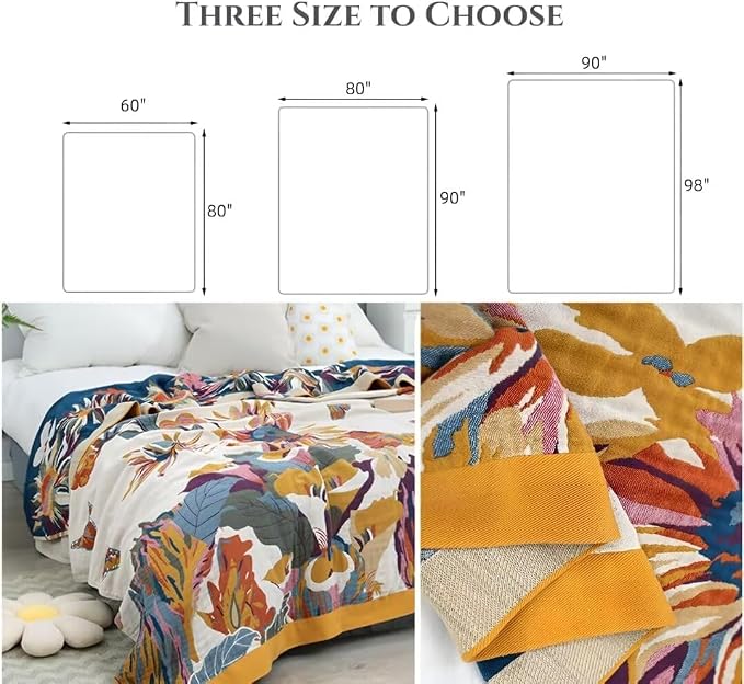 Boho Throw Blanket for Bed 100% Cotton Bohemian Blankets Ultra Soft Woven Muslin Decorative Blankets All Seasons Vintage Quilt Knitted Blanket for Sofa Chair(Yellow, 50"x60")