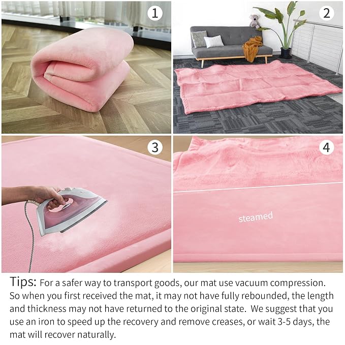 Huloo Sleep Baby Play Mat for Floor,1.3" Thick Elasti-Foam 50x50 Playpen Mat for Toddlers Infant Kids,Water-Repellent Soft Coral Velvet Tummy Time Mats,Non Slip Crawling Mats,Tatami Style(Pink)