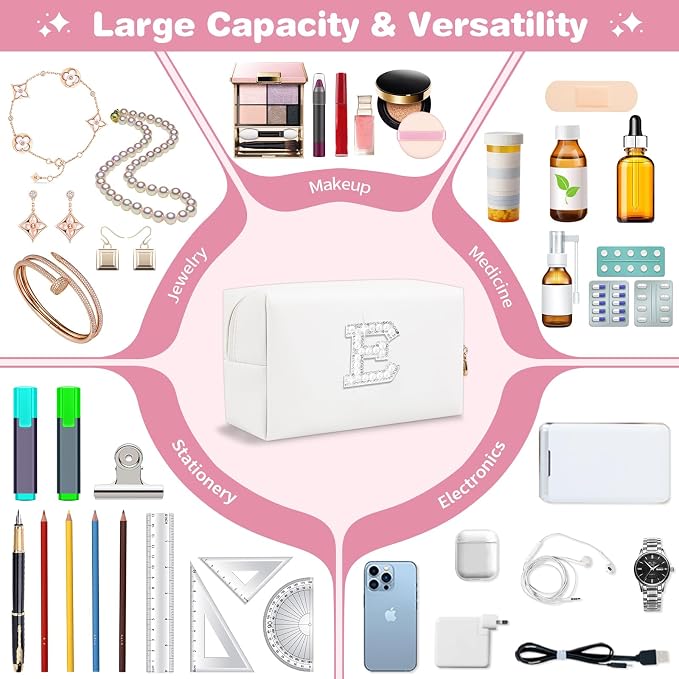 Bride Gifts – Personalized Initial Makeup Bag with Pearl Rhinestone Patch, Preppy White Monogram Cosmetic/Toiletry Pouch, bridesmaid Gifts, Bridal Shower Gifts, Wedding Gifts, Bridal Gifts,E