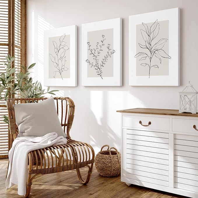 Youillne Neutral Botanical Prints Wall Art Decor Plant Minimalist Canvas Pictures Vintage Beige Wall Art Modern Farmhouse Line Poster Boho Abstract Painting Artwork for Bedroom 24x36 Inch Set of 3