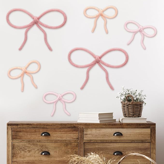 Barydat 6 Pcs Pink Bow Wall Decor Girls Coquette Nursery Decoration Room Decor Hanging 2 Size Woven Bowknot Shaped Wall Art Pink Preppy Decoration for Girls Living Room Dorm