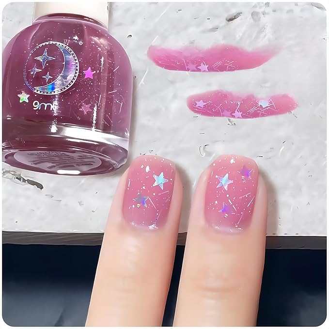 NovaCharm Soft Pink Glitter Nail Color, Water Based Quick Dry Non Toxic Polish with Bar & Star Glitter, Reflective Sparkly Pink Nail Color for Women & Girls DIY Home Nail Art, 9 ML