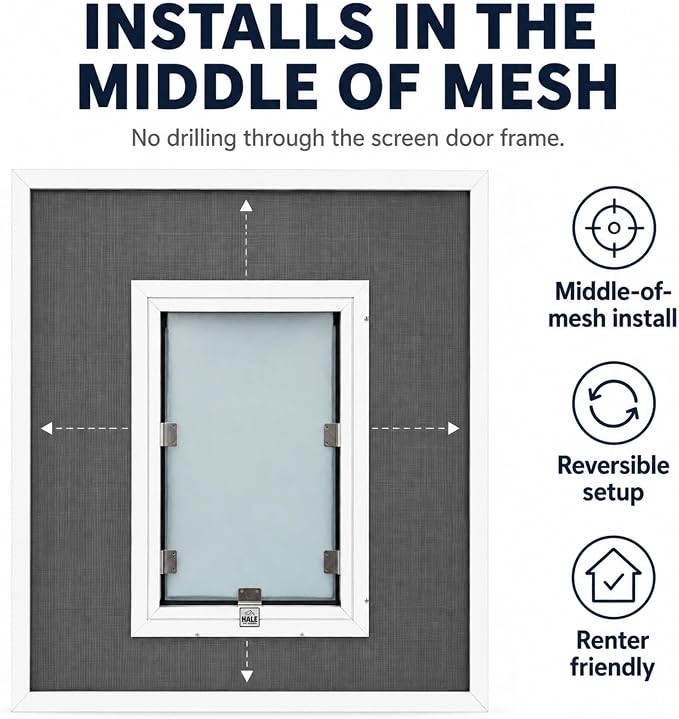 Screen Cat & Dog Doors | Single Flap | Under 1/2" Frame Screen Doors ONLY | Skilled Install Required | Heavy Frame Extruded Aluminum | Steel Reinforced Corners | Fresh Air in, Bugs Out | Hale Pet Door