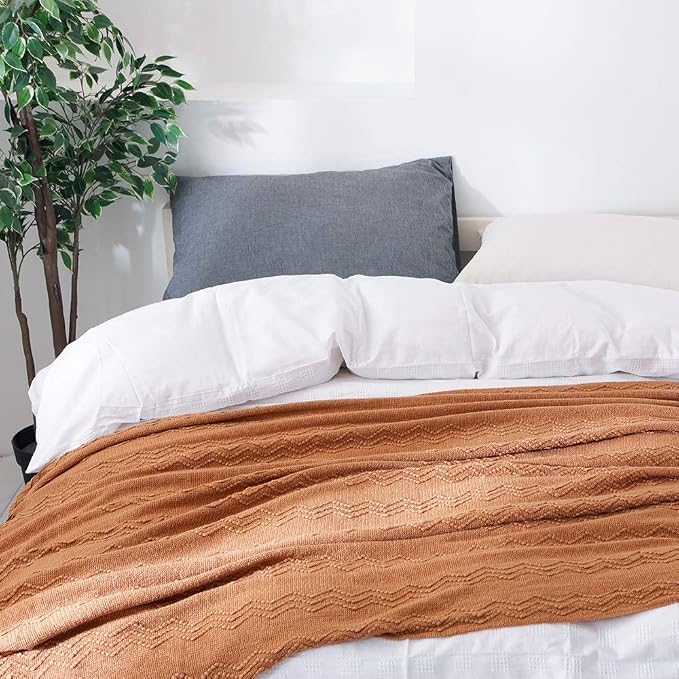 BOURINA Almond Throw Blanket 50x90 Inch Boho Knitted Soft Throw Bed Blanket | Knitted Throw Blanket 50x90 Inches, Soft Lightweight Boho Weave Throw Decorative Couch Blanket for Living Room Bed Runner