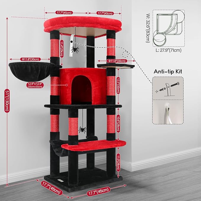 Globlazer Gothic Corner Cat Tree with Scratching Post, C51, Black Red | 51in Space-Saving Multi-Level Goth Cat Tower for Indoor Cats with Hammock, Large Top Perch for Large Cats, Cozy Cat Condo