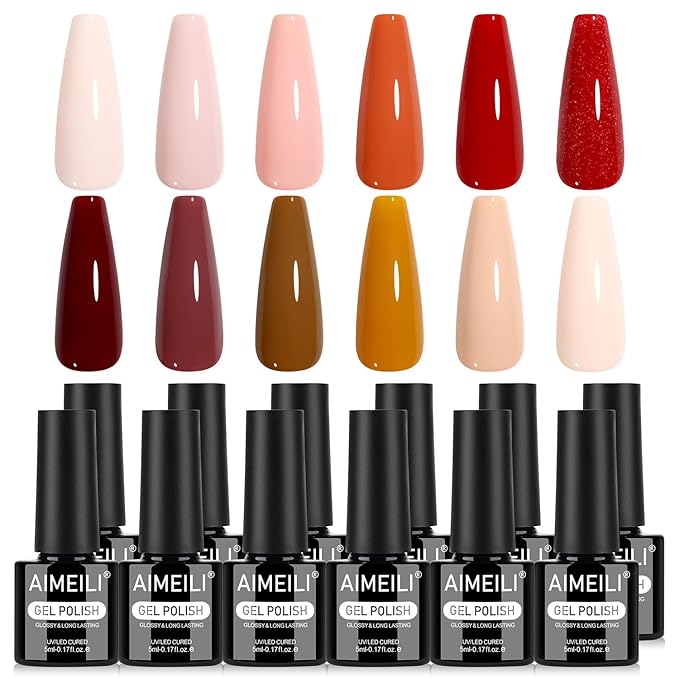 AIMEILI Nude Brown Gel Nail Polish Set 12pcs, Hema Free, Cruelty Free, Vegan, Soak Off U V LED Nail Art Manicure for Women - Kit 44