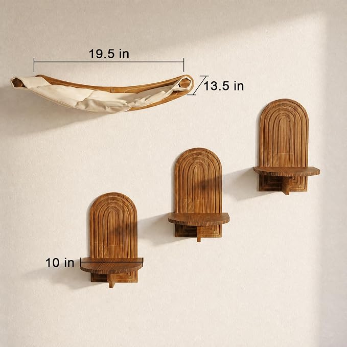 Rustic Cat Wall Shelves, Farmhouse Style Wooden Cat Furniture with Hammock, Space-Saving Cat Climbing System & Floating Perch for Indoor Cats