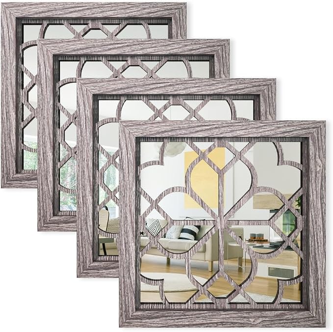 Set of 4 14 Inch Square Maroon Window Pane Wall Mirrors, Shatterproof Rustic Farmhouse Boho Vintage Decorative Mirrors for Living Room Bedroom Bathroom Entryway