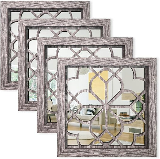 Set of 4 14 Inch Square Maroon Window Pane Wall Mirrors, Shatterproof Rustic Farmhouse Boho Vintage Decorative Mirrors for Living Room Bedroom Bathroom Entryway