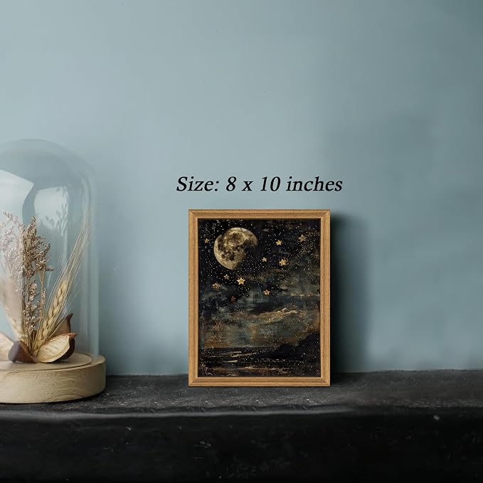 ICHZUMW Framed Moon and Stars Celestial Vintage Canvas Wall Art 8x10 In | Dark Moody Night Sky Painting, Gothic Dark Academia Wall Decor for Bedroom Living Room Bathroom Office, Ready to Hang