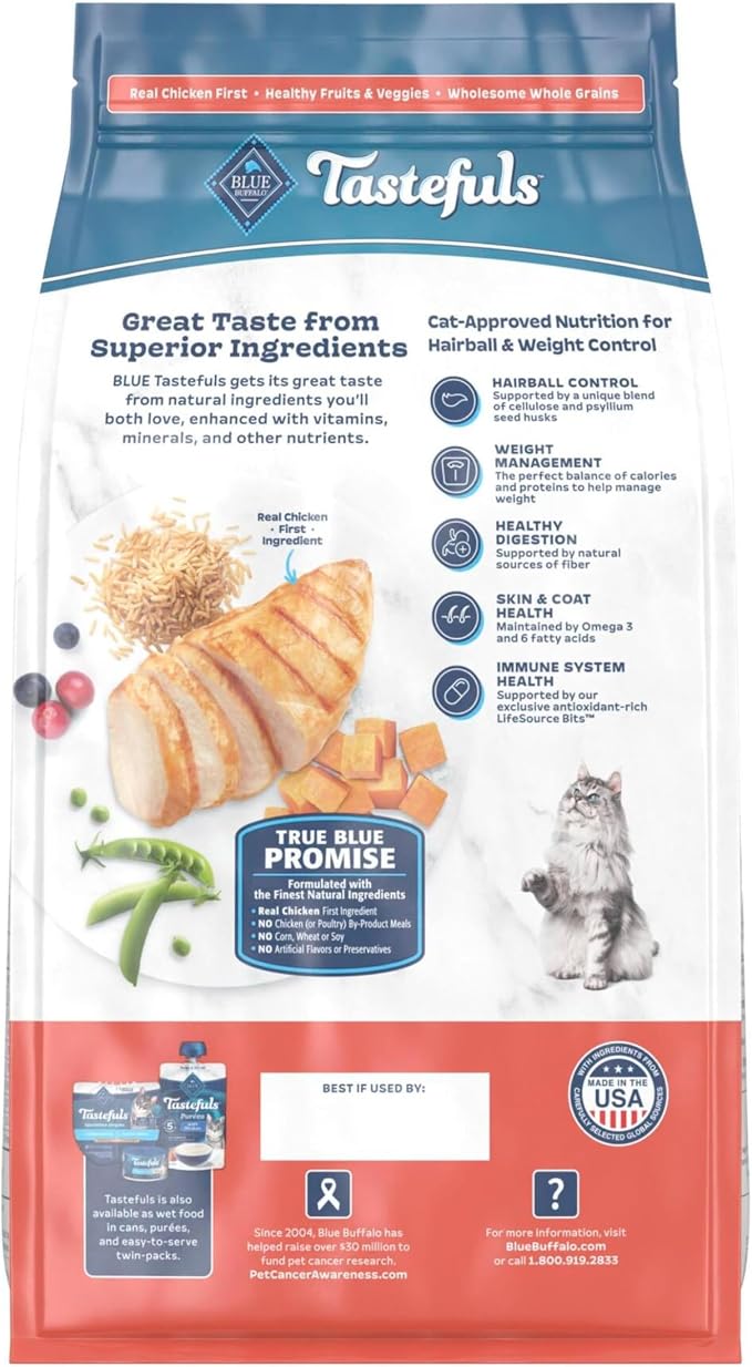 Blue Buffalo Tastefuls Chicken Weight & Hairball Control Dry Cat Food, 7 lb | Chicken & Brown Rice Recipe, Weight & Hairball Control, No Corn, Wheat, or Soy