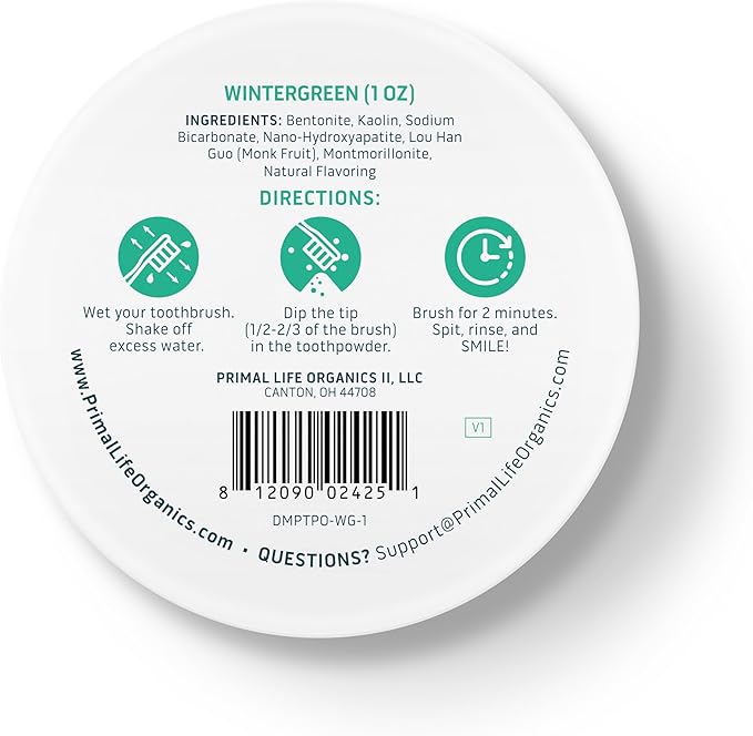 Primal Life Organics - Dirty Mouth Toothpowder, Tooth Cleaning Powder, Flavored Essential Oils with Natural Kaolin & Bentonite Clay, Good for 200+ Brushings, Organic, Vegan (Wintergreen, 1 oz)